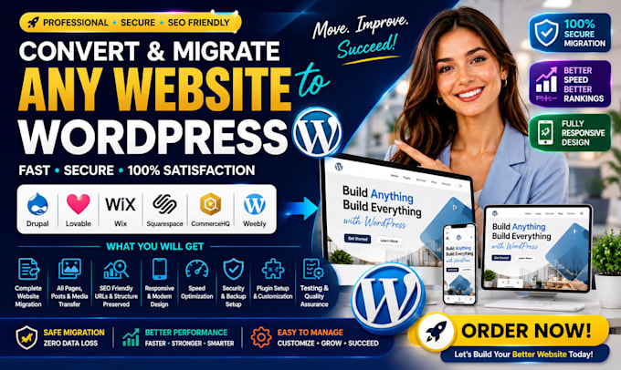 convert migrate drupal lovable wix squarespace commercehq weebly to wordpress