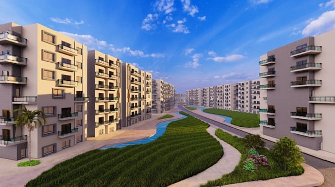 develop 3d residential compound, urban housing  complex, estate property render