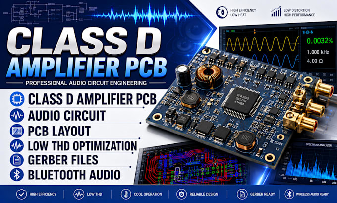 design class d amplifier pcb, audio circuit, thd optimization, bluetooth audio