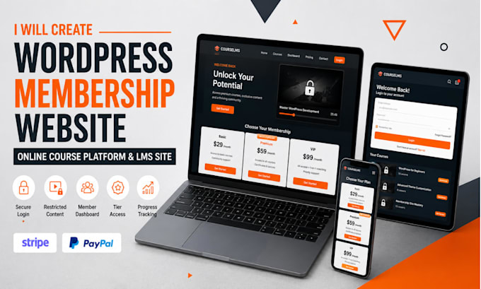 create wordpress memebership website online course platform and lms site