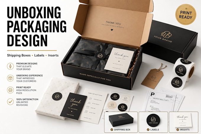 design unboxing experience packaging, shipping box and labels