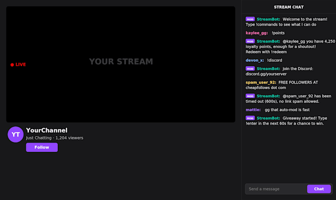 build custom bots for twitch, discord and more