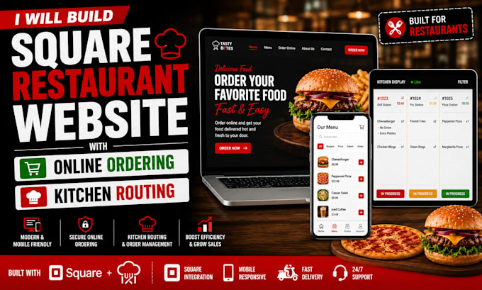 build square restaurant website with online ordering and kitchen routing