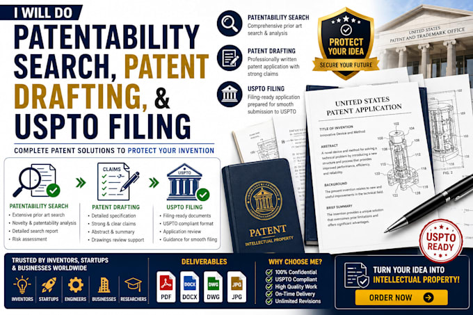 do patentability search, patent drafting, and uspto filing