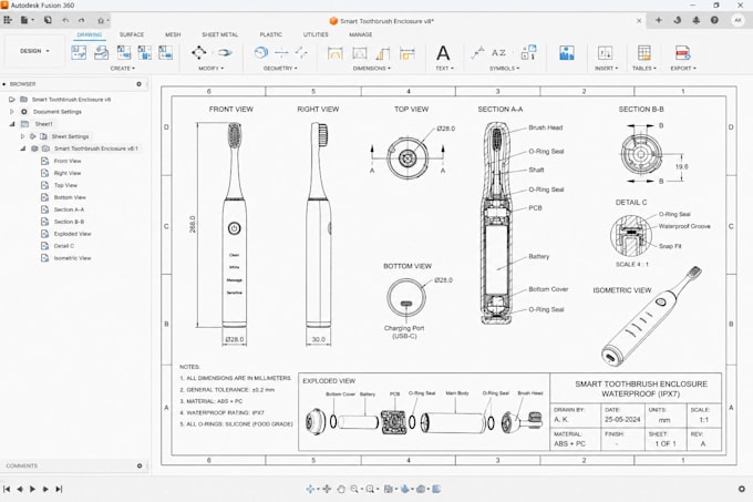 design 3d ultrasonic technical drawing waterproof enclosure for smart toothbrush