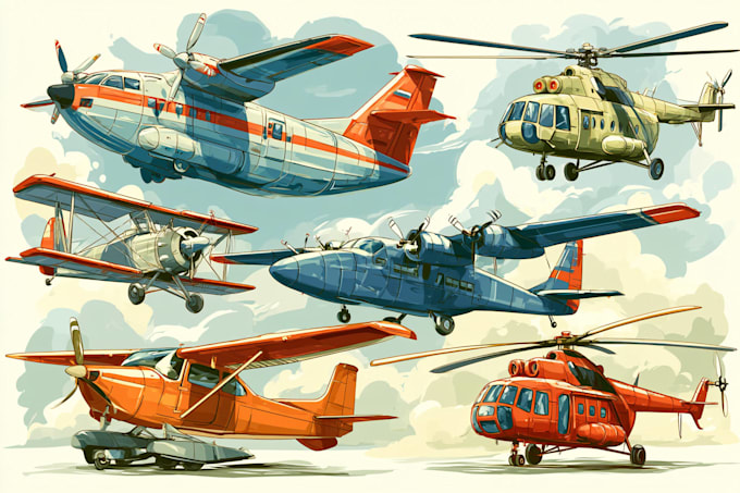 draw helicopter , airplane , aircraft , into a vector cartoon