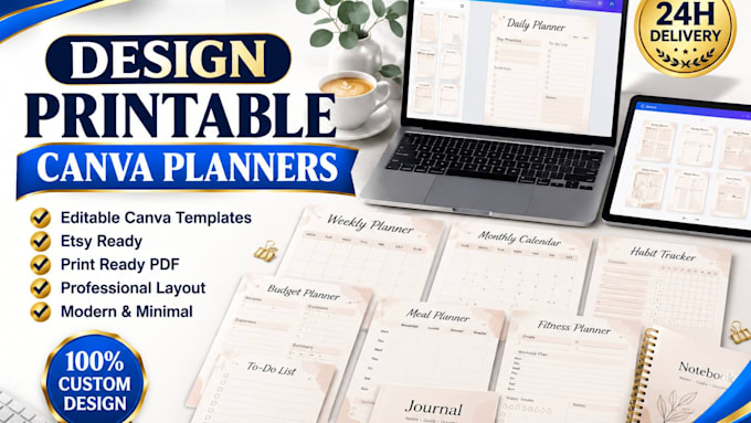 design printable digital planner journal, calendar and trackers in canva