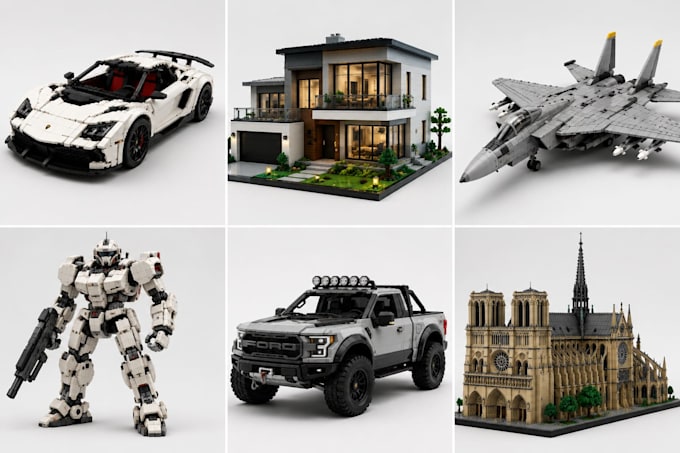 create custom lego moc design with building instructions and realistic 3d render