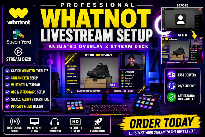 setup whatnot livestream with animated overlay and stream deck
