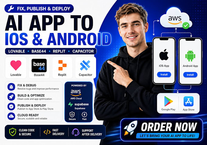 fix, convert base44 replit rocket new claude lovable web app to android ios app