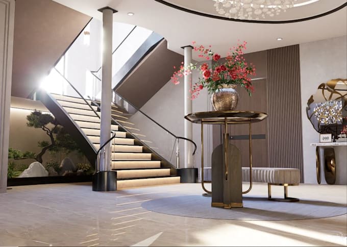 optimize luxury lobby design, house corridor, render interior furniture layout