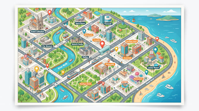 do vector tourist map, city guide map, travel map, resort and attraction map