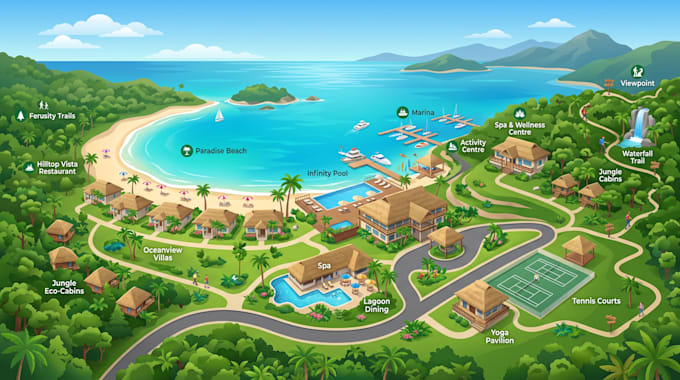 create resort map, hotel map, vacation resort map, eco lodge map, tourist map