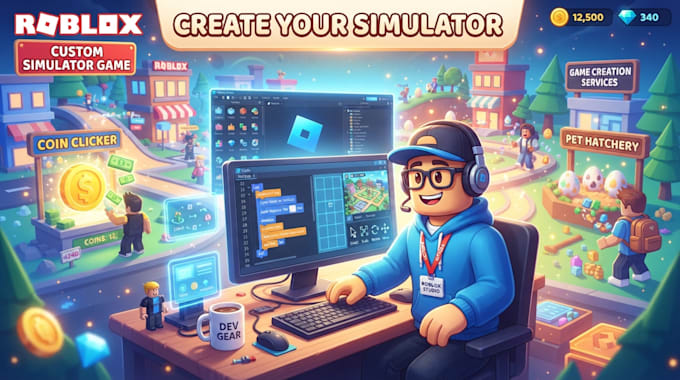 develop a custom roblox simulation game in roblox studio with lua scripting, gui