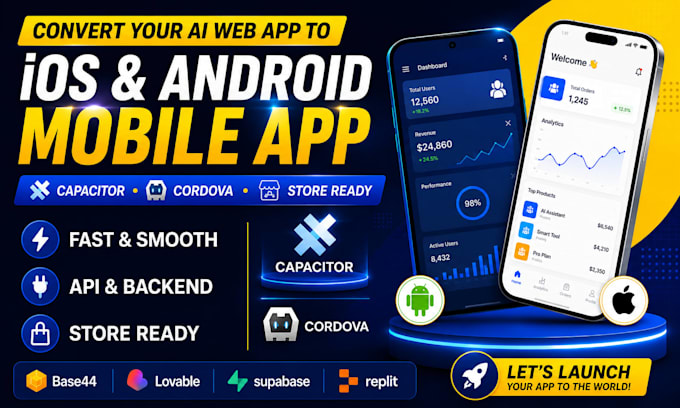 convert lovable, base44 web or replit to ios android app using capacitor cordova