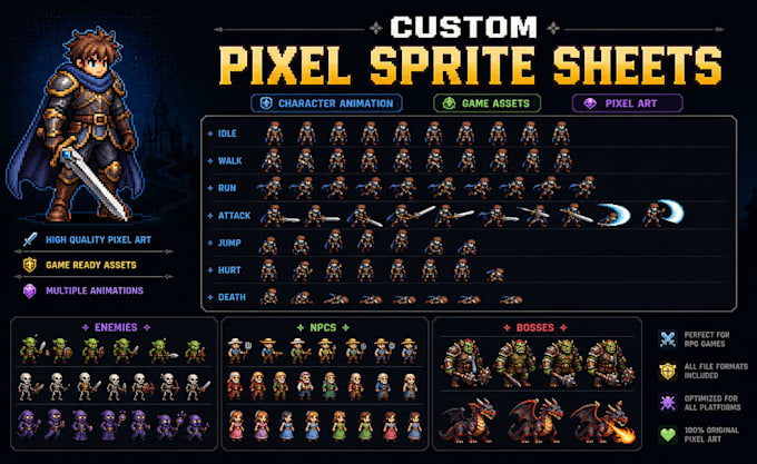 do pixel game art pixel art character pixel animation sprite sheet and tile sets