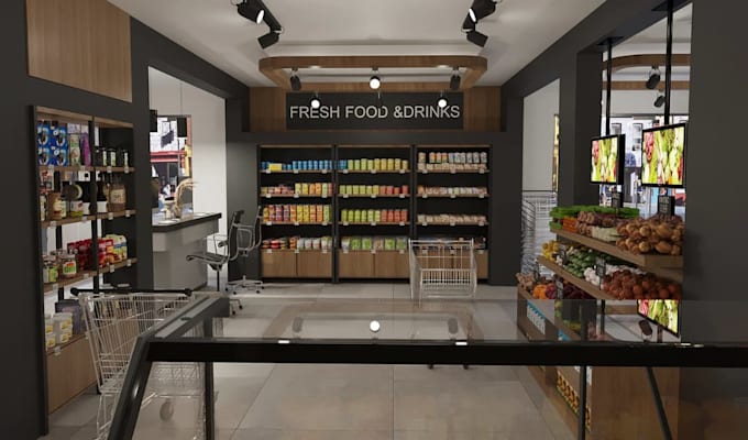 modern3d supermarket interior,grocery store render,butcher shop,mini mart design