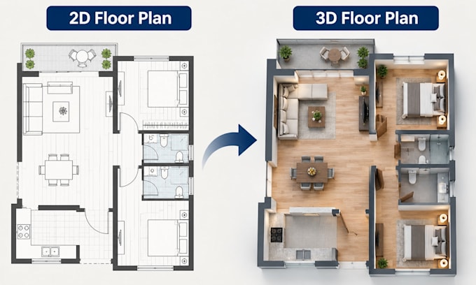 convert 2d floor plan into realistic 3d floor plan rendering for real estate