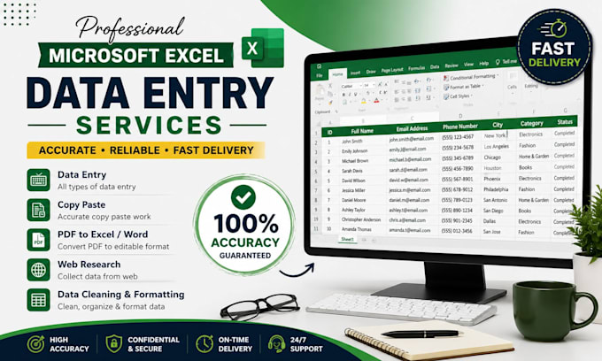 do microsoft excel data entry, copy paste, typing and web research
