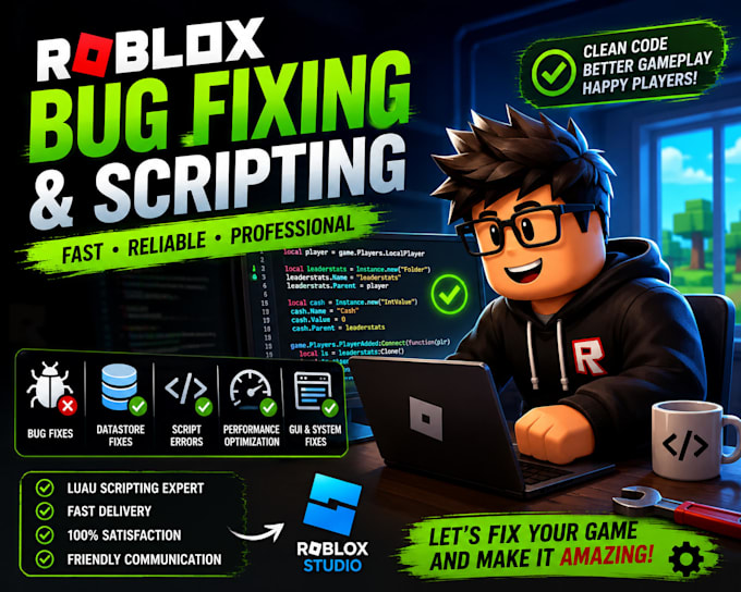 fix roblox lua scripts errors, datastore bugs, gui issues, roblox game system