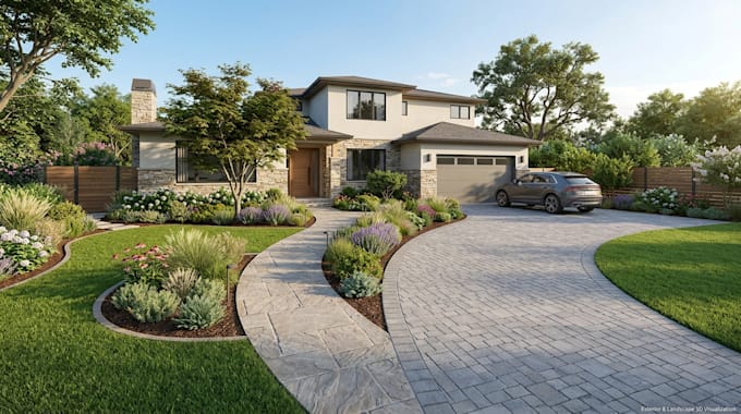 design 3d landscape driveway walkway garden lawn and exterior visualization