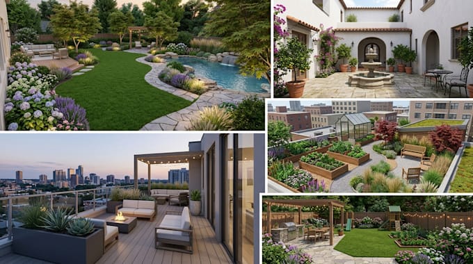 create 3d landscape, courtyard, terrace, rooftop garden, and backyard rendering