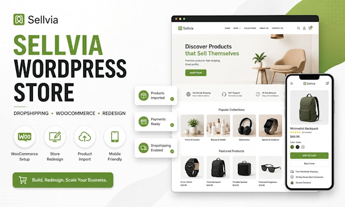 build wordpress woocommerce sellvia dropshipping store redesign sellvia website