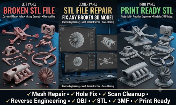 create repair fix broken stl file, mesh edit custom modification 3d scan cleanup