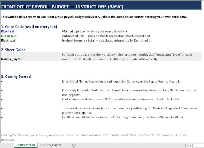 design a professional hotel front office budget model in excel