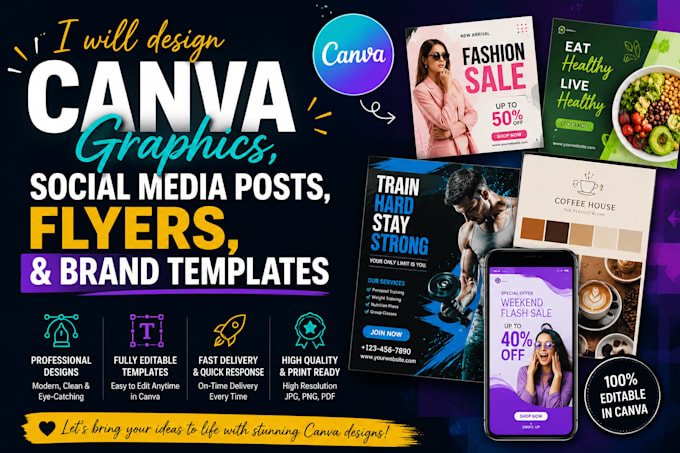 design canva graphics, posts, flyers and brand templates