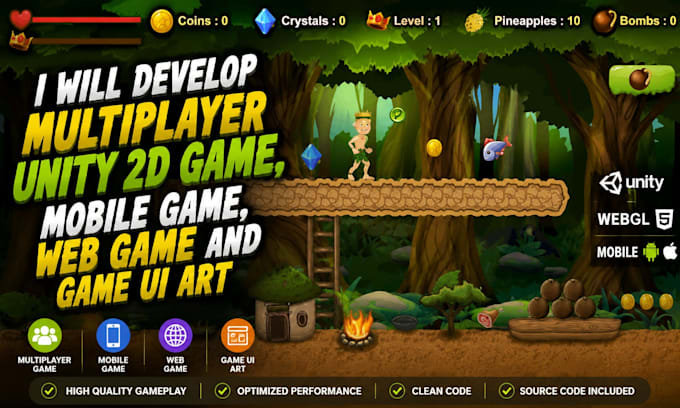 develop multiplayer unity 2d game, mobile game, web game and game ui art