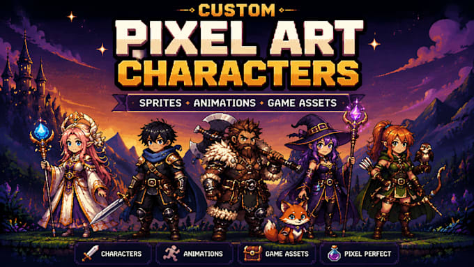 custom pixel art characters, sprite sheet, game assets