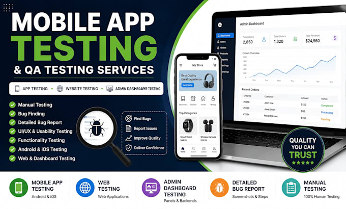 mobile app testing, QA testing, android testing, ios testing, admin dashboard