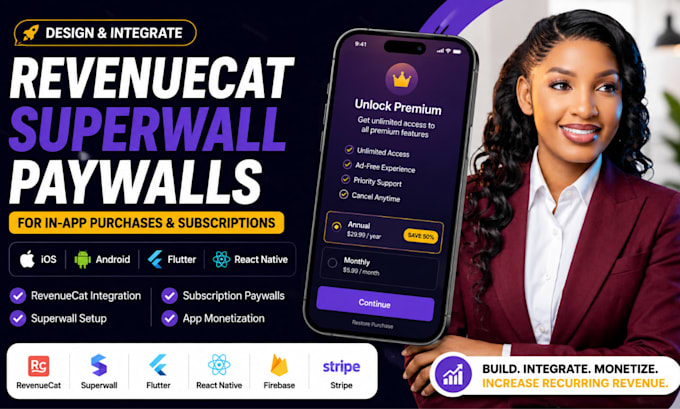 design and integrate revenuecat, superwall, paywall and subscription website