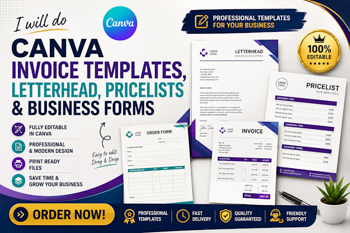 do custom canva invoice templates, letterhead, price list and business forms