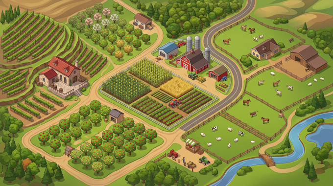 design custom 2d, 3d, isometric farm map, ranch map, vineyard map, orchard map