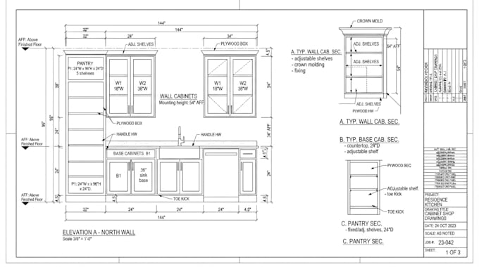 create kitchen cabinet, wall cabinet, base cabinet, pantries shop drawing