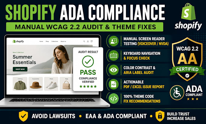 shopify ada compliance wcag 22 audit website accessibility fix screen reader
