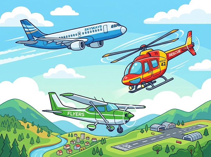 draw aircraft, airplane, helicopter into a vector cartoon art