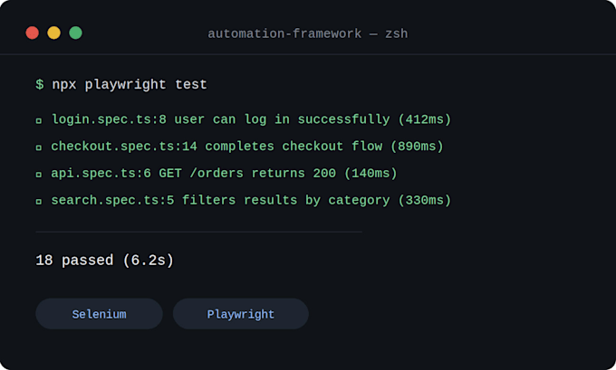 build a playwright or selenium automation framework with pom, bdd, API testing