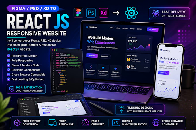 convert figma PSD xd to react js responsive website