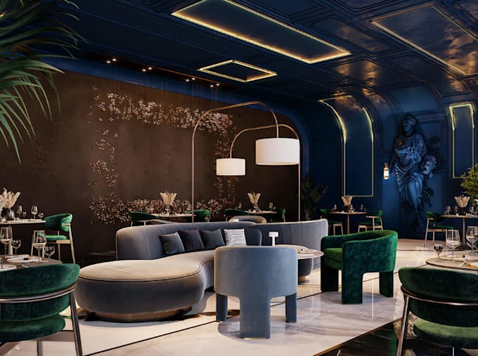 stylish restaurant, cafe interior design with realistic 3d render, bar,2d layout