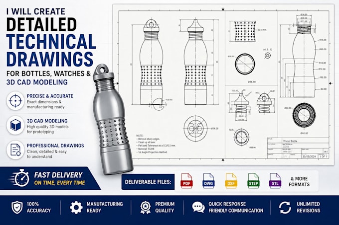 create detailed technical drawings for bottles, watches, and 3d cad modeling