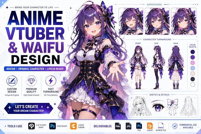create anime character design vtuber avatar and waifu art