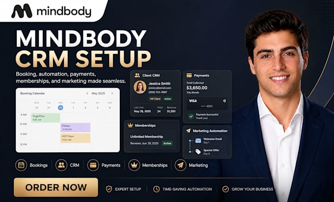 setup mindbody crm booking class scheduling memberships payments automation