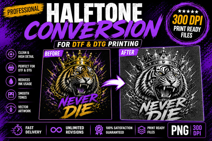 create, vectorize print ready halftone artwork for dtf and dtg printing