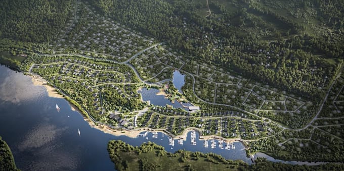 create photorealistic waterfront master plan rendering 3d urban site planning