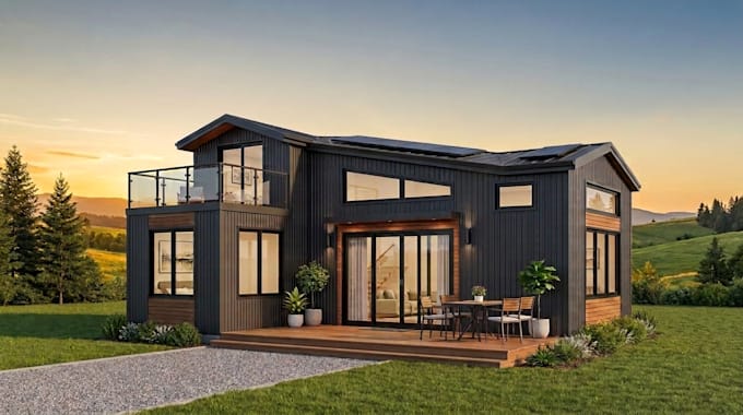 create tiny house design, modern home plan and photorealistic 3d rendering
