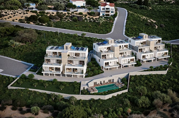 develop sloped hillside building,site layout plan,exterior render,housing estate