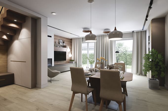 visualize high end contemporary interior design, 3d furniture layout, cgi render